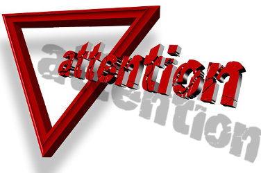 Red triangle on white background. From the triangle comes out the word "attention" in red letters
