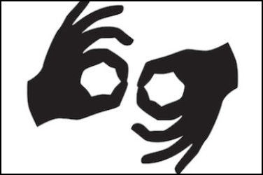Sign language symbol. Black silhouette of 2 hands facing each other over a white background.