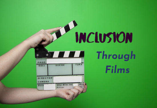 A person holds a clapper. Next to it, the following phrase appears “inclusion through film.”