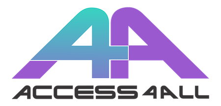 Access4All logo. A pair of purple letters A are next to each other and slanted toward each other. An aquamarine number 4 is drawn over the letter A on the left. Text below the letters: Access4All.