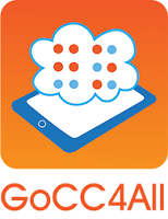 A cloud with Braille characters floats over a smartphone. Underneath letters GoCC4All