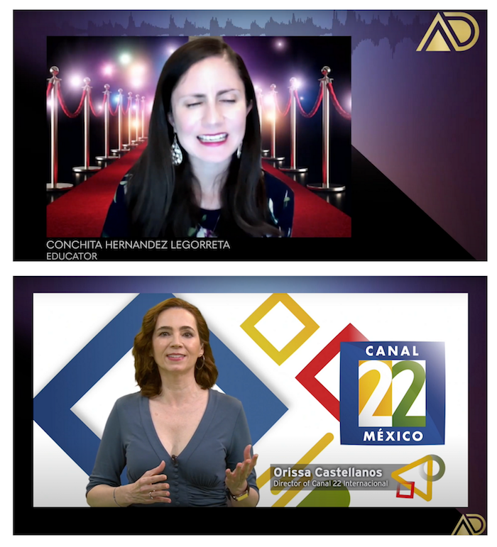 Red carpet background. Conchita Hernandez, Educator, speaks. She has long black hair and a black dress. The letters AD in a gold color appear on the top right. Bottom picture: White background with rhombuses in different colors. Orissa Castellanos, Director of Canal 22 Internacional, speaks. She has brown hair and a gray dress. To her right appears the Canal 22 logo. The letters AD in a gold color appear on the bottom left.