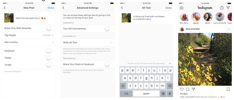 Sequence of images showing the steps to add an image description on Instagram
