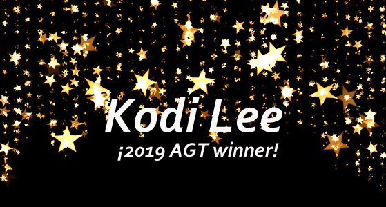 Black background with sparkling golden stars. Across the background says Kodi Lee!! AGT winner.