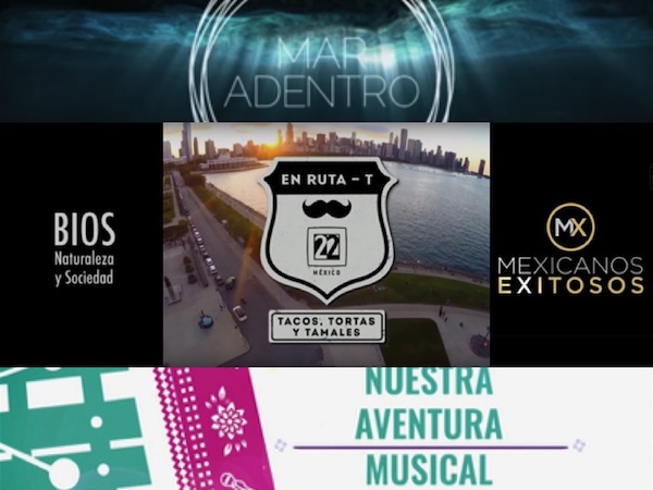 Collage with images of En ruta t, Bios naturaleza y sociedad, Nuestra aventura musical, Mar adentro and Mexicanos exitosos.