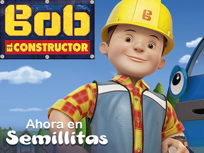 Bob the Builder wears a yellow helmet, a plaid shirt and a gray vest. He smiles with his hands toward his waist. Legends: Bob el Constructor and Ahora en Semillitas