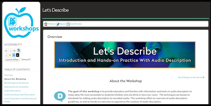 Workshop page. Menu on the left. To the right, the title Let's Describe. Underneath it, a tool menu and below that the title Overview - Let’s Describe - Introduction and Hands-on Practice with Audio Description.