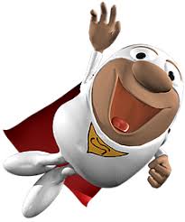The superhero Supereñe, a character with white outfit, white mask and red cape. He has a yellow triangle on the chest with the letter ñ inside..