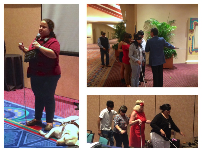 3 photo collage. Left, Judy with a microphone. Upper and bottom right, several people blindfolded holding each a cane. 