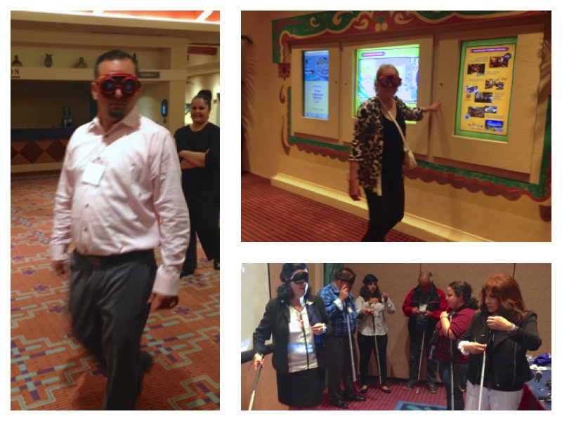 3 photo collage. Left and upper right, 2 people wearing low vision simulators. Lower right, people blindfolded holding each a cane. 
