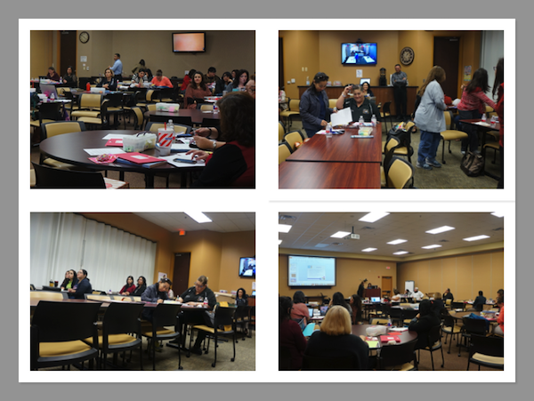 Collage of 4 pictures that show the members of the audience seated around tables. Some of them are taking notes.