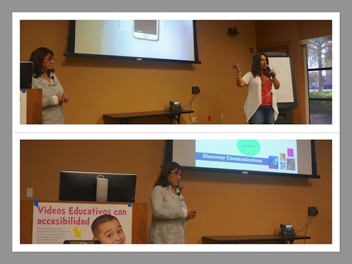 Collage of 2 pictures in a conference room. Picture 1: 2 women before a big screen. One of the women, in a red blouse, talks. Picture 2: The other women, who wears a beige blouse, talks.