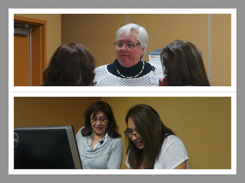 Collage of 2 pictures in a conference room. Picture 1: 3 women talk. Picture 2: 2 women stand in front of a computer, one of the women looks at the screen.