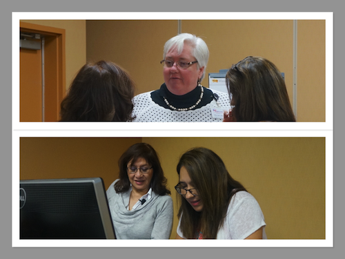 Collage de 2 fotos. En un salón, foto 1: 3 mujeres conversan. Foto 2: 2 mujeres de pie frente a un computador, una mira la pantalla.