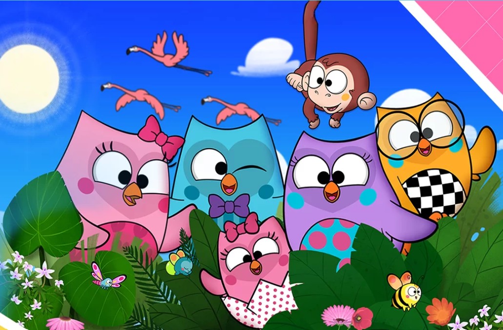 Colorful animated owls and a playful monkey surrounded by vibrant jungle scenery with flowers, flamingos, and a bright blue sky.