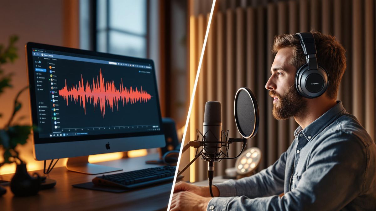 Split view of audio editing software on a desktop and a man wearing headphones recording with a microphone in a studio.