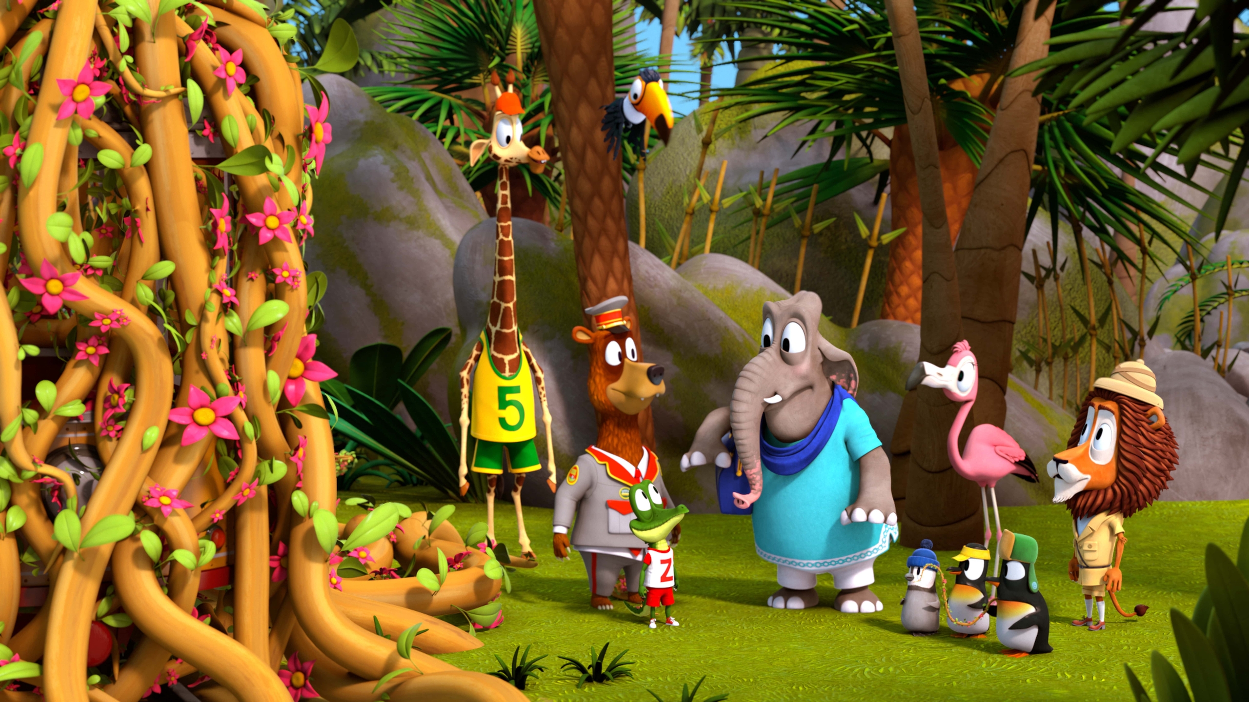 Animated characters standing together in a forest include a giraffe, a lion, a toucan, three penguins, an elephant, a bear, a flamingo, and a crocodile. Each character is dressed like a person, wearing distinctive outfits representing their professions.