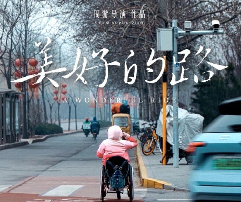 A person in a pink jacket, seen from behind, in a wheelchair moving down the street. The title is in Chinese characters with the English title "A wonderful ride" below it.