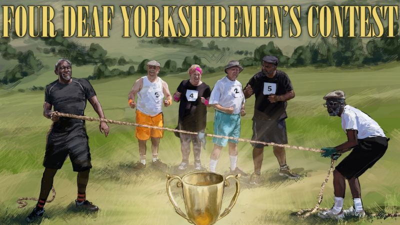 Six elderly people in sports clothing with competition numbers on their chests stand in an open field. Two of them are pulling a rope at each end, with a trophy visible in the center. The title reads 4 Deaf Yorkshiremen's Contest.