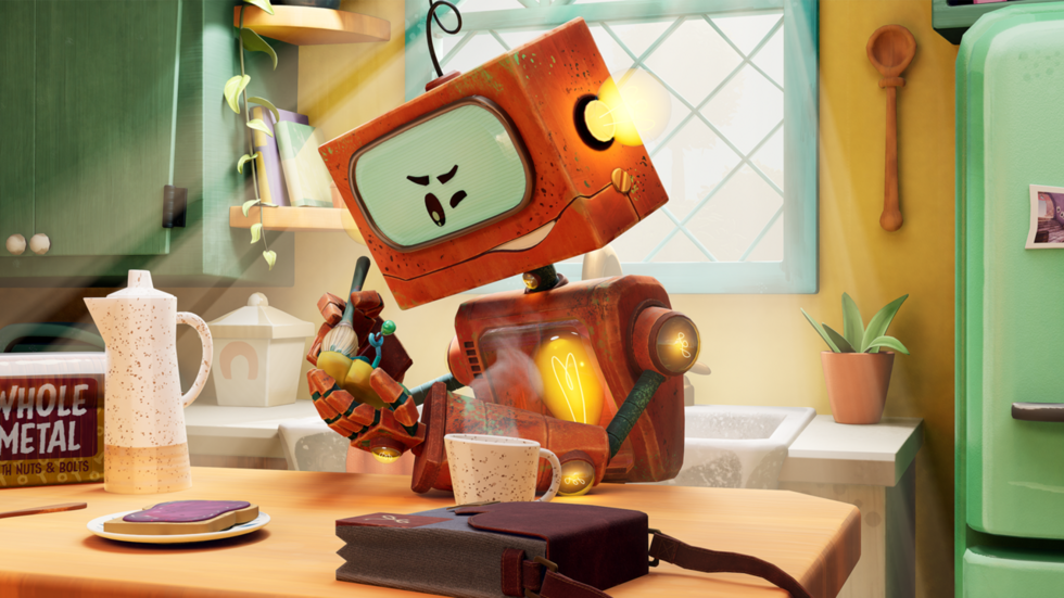 An animated orange robot appears to be in a kitchen, holding a piece in one hand and a brush in the other, as if painting it. Its expression shows concentration, and it has two light bulbs lit up, one on what could be its ear and another on its chest.