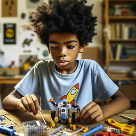 Indoors. An African American boy with black curly hair is assembling a robot from a science kit. He is wearing a light blue t-shirt with a cartoon rocket ship design. The boy is seated at a wooden table. He has a focused expression and looks at the robot pieces on the table while he lifts a white and long piece from the table. The wall behind him is adorned with posters and a bookshelf with books.