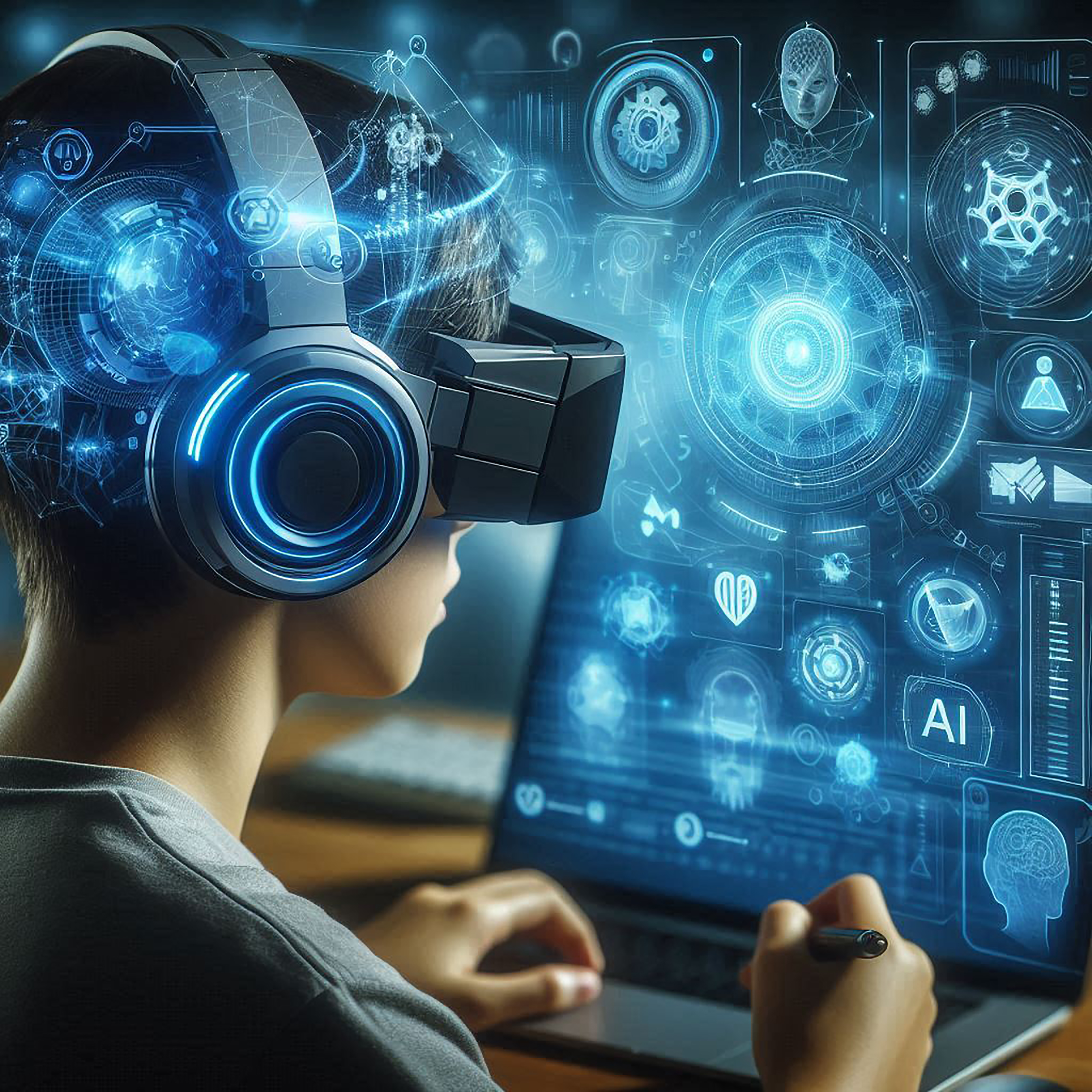 Child using headset ai artificial intelligence technology for learning