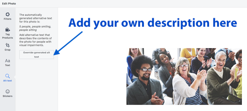 Facebook photo editing menu on the right and a photo of 5 people seating while smiling and applauding at a meeting on the left.
