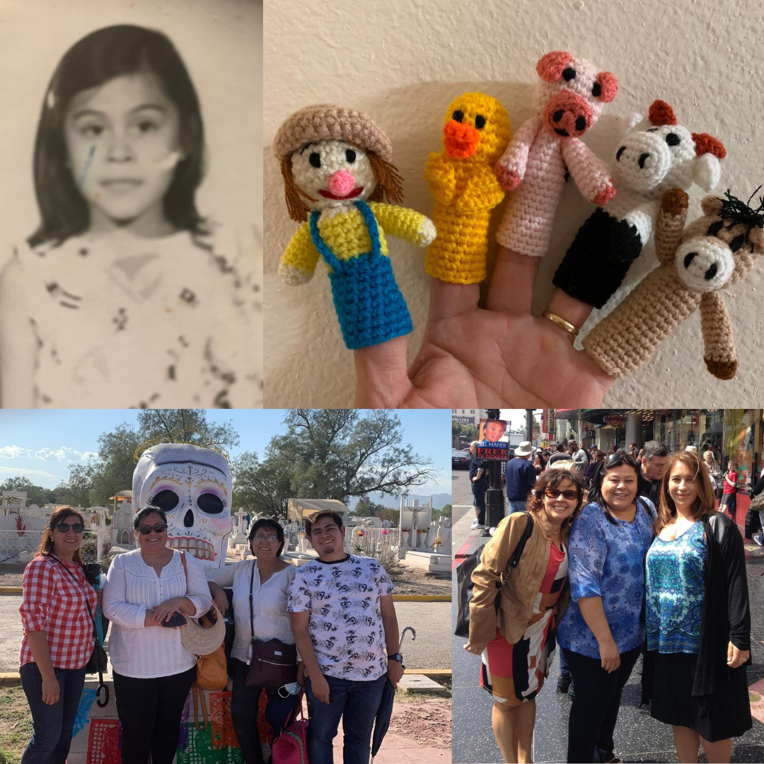 A collage featuring four distinct images. 1. A black-and-white childhood photo of Myrna. 2. A hand holding five colorful crocheted finger puppets, including farm animals and a farmer. 3. Myrna and firnda and familiy standing in front of a large Day of the Dead skull decoration at a cemetery. 4. Myrna Medina, Maria Victoria Díaz and Carol Colmenares smiling and standing together on a street.