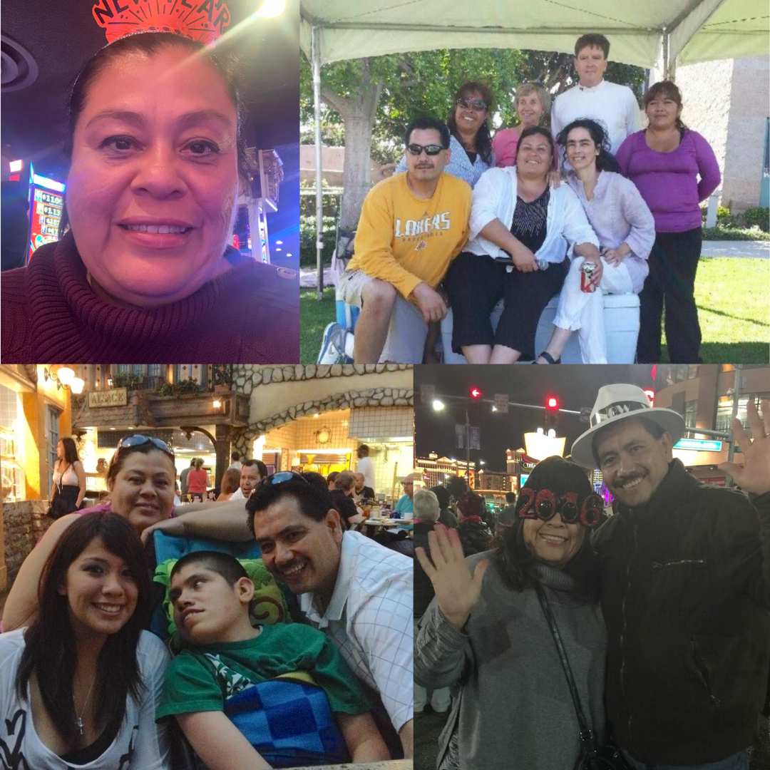 A collage featuring four distinct images: 1. selfie of Myrna wearing a festive "Happy New Year" headband. 2. Outdoors under a tent, Myrna and firends and familiy. 3. Myrna and her family. 4. Myrna wearing "2008" glasses and a man  wearing a white hat. Both are waving and smiling.