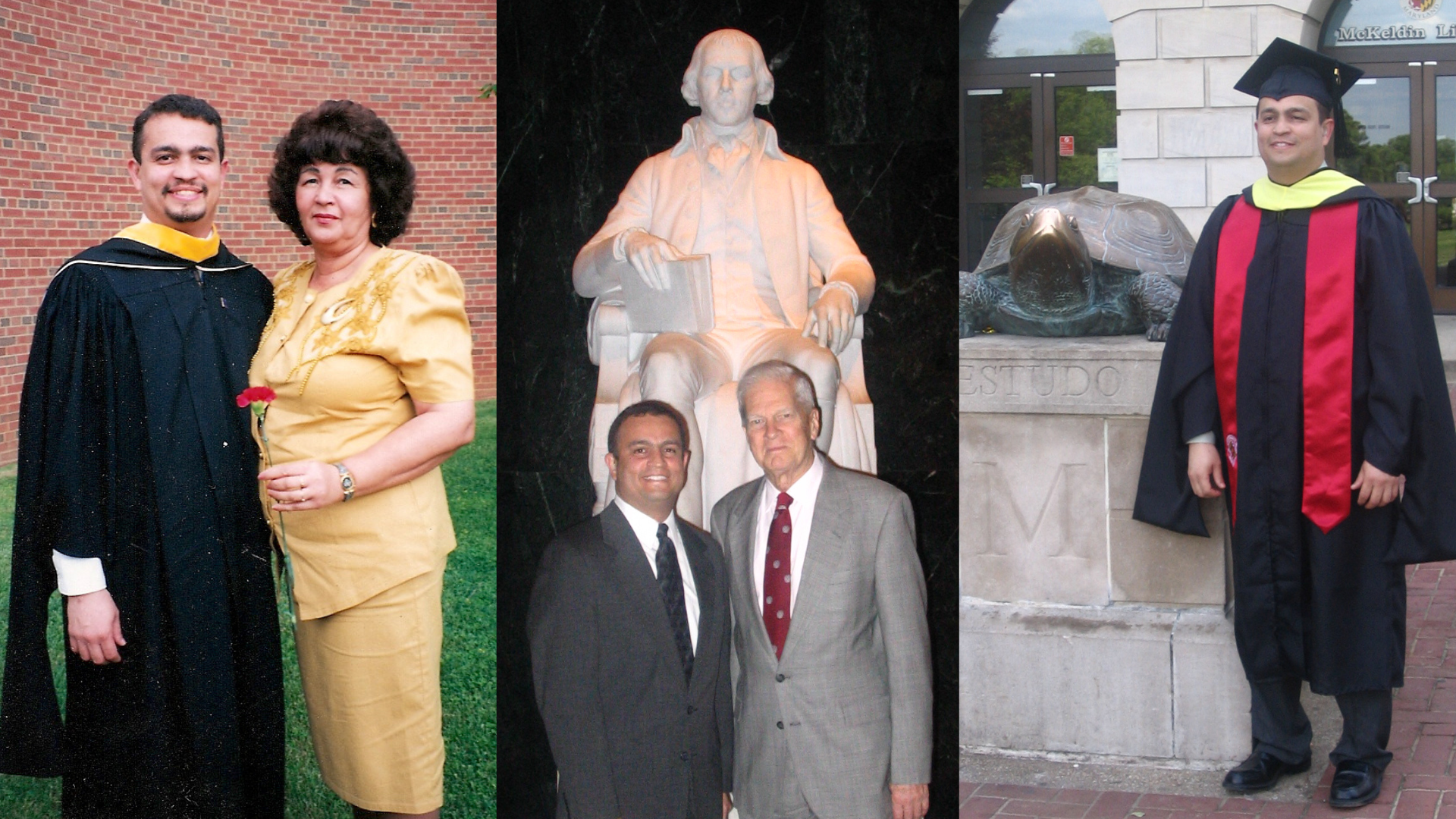 A collage of three images:  Ricardo with his mother at graduation. Ricardo with a man in front of a statue. Ricardo at his second master's graduation.