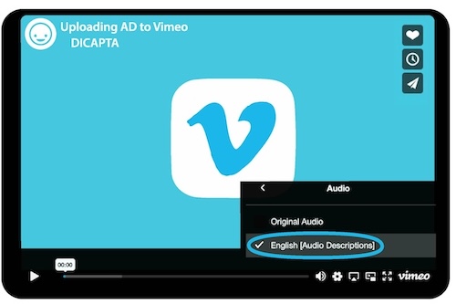 Vimeo video player. On the bottom right, a menu shows English audio description under audio options.