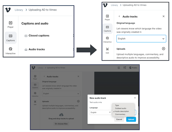 Collage of 3 screenshots of Vimeo video settings showing where to access the audio tracks to add the AD.