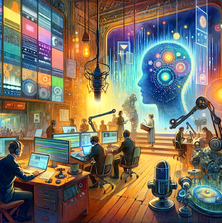 The image portrays a futuristic, vibrant scene symbolizing the intersection of technology and human creativity in media accessibility. Central to the scene is a floating, holographic screen showcasing real-time language translation, surrounded by voice actors in a modern studio and technicians crafting audio descriptions with advanced technology. The setting is an open, luminous workspace, bathed in natural light and vibrant colors, embodying optimism for the future. This illustration encapsulates a vision of accessible media's future, where artificial intelligence enhances human creativity to produce inclusive experiences, highlighting the seamless collaboration and innovation driving this transformative journey.